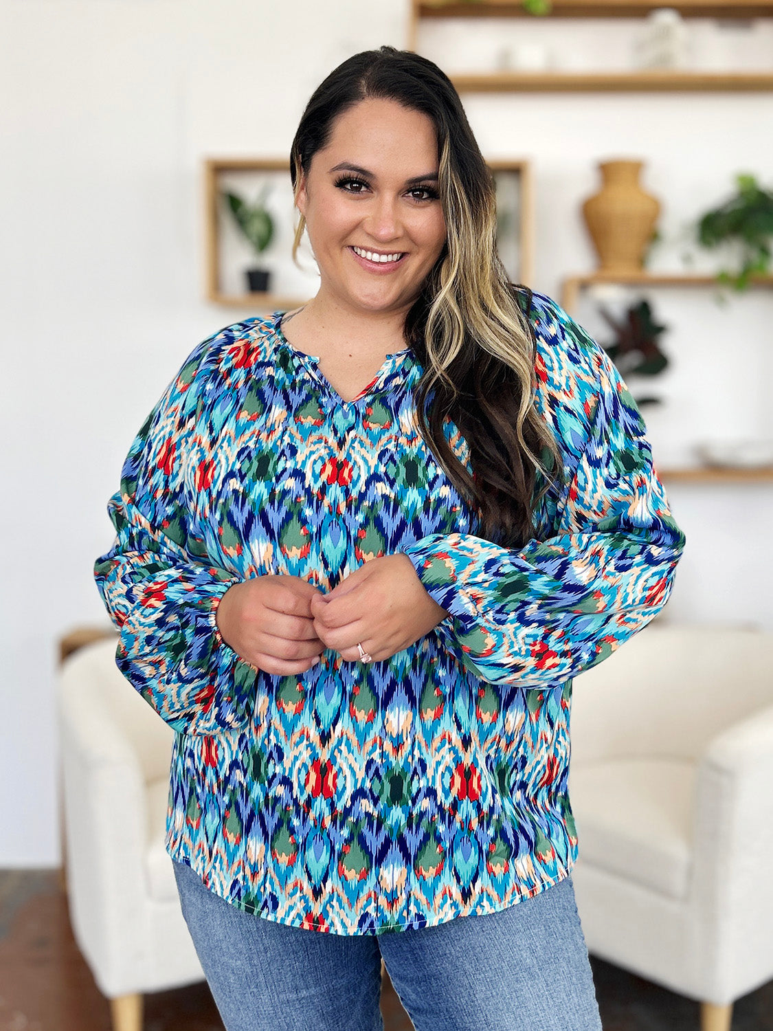 Double take full size printed balloon sleeve blouse