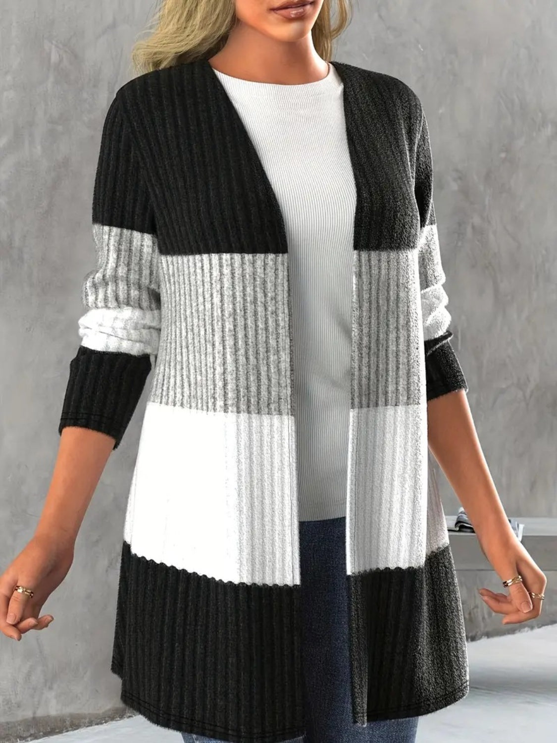 Color block open front long sleeve cardigan