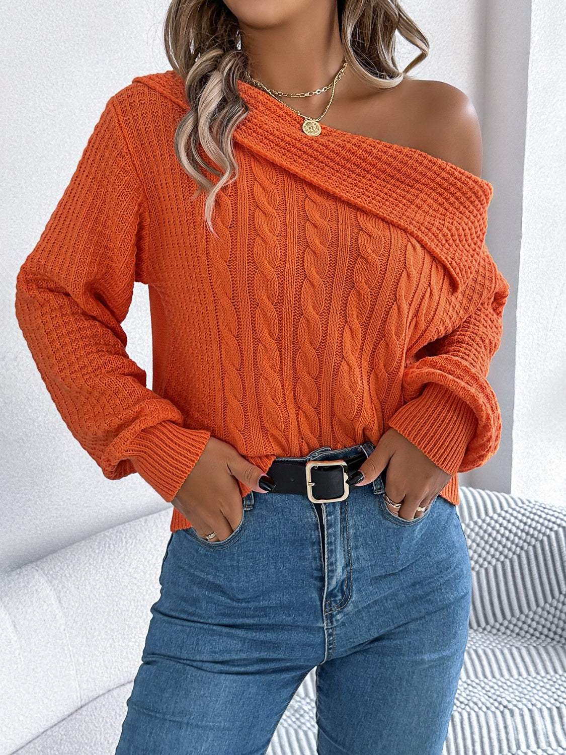 Cable-knit one shoulder long sleeve sweater