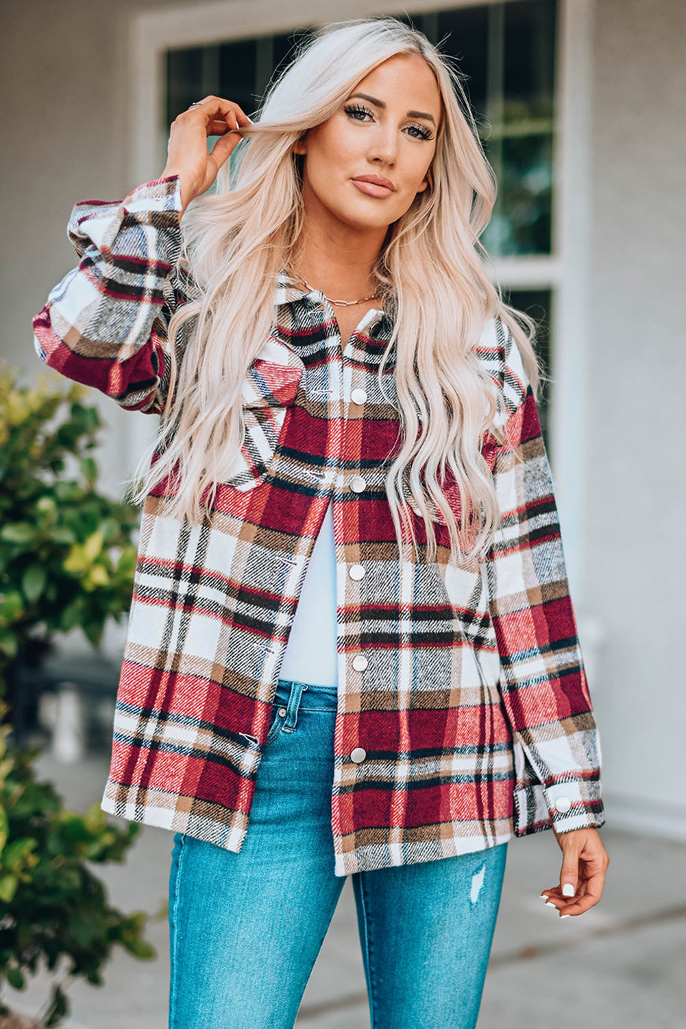 Double take plaid button front shirt jacket with breast pockets - red / s