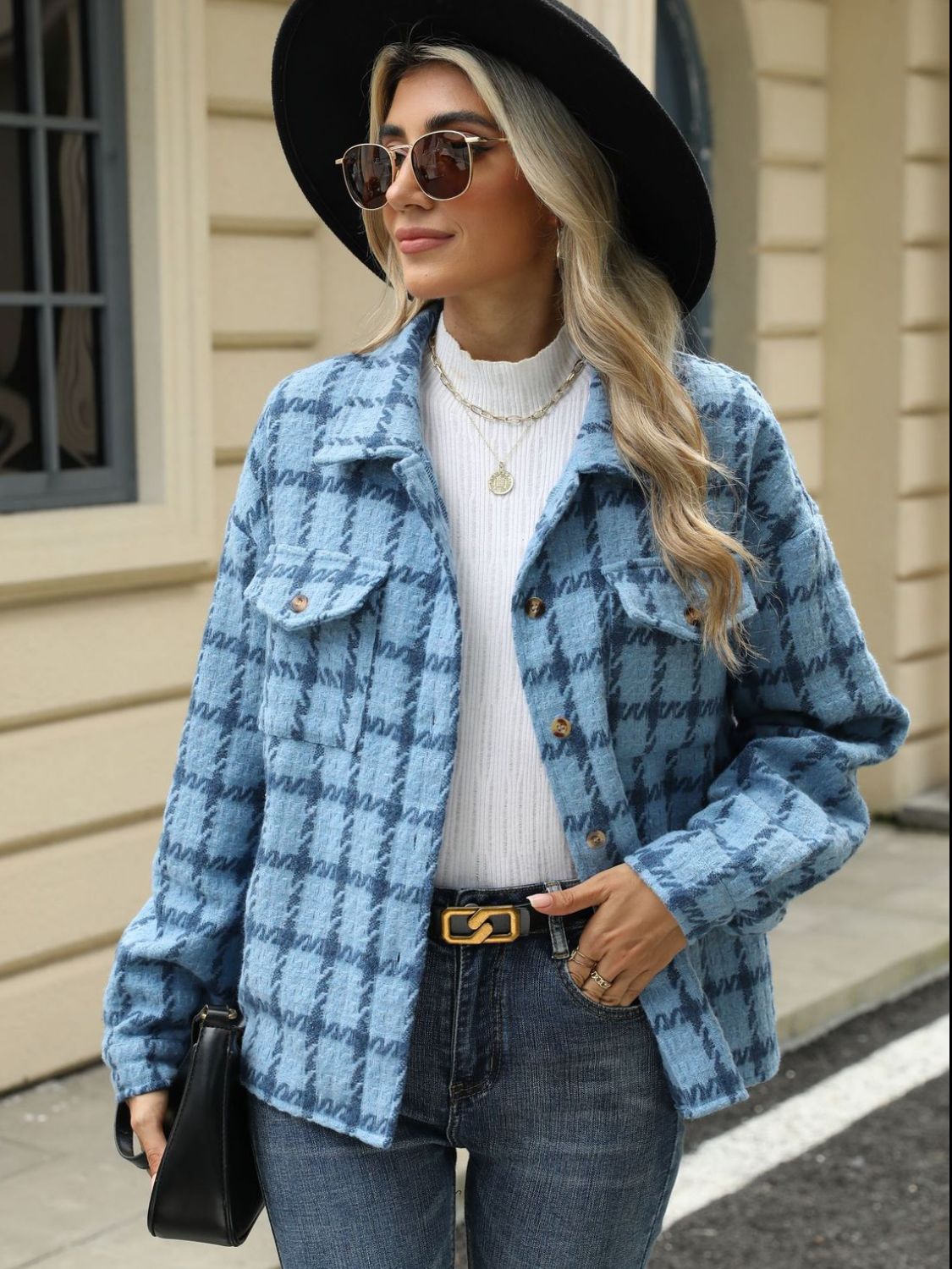 Plaid collared neck long sleeve jacket - sky blue / s