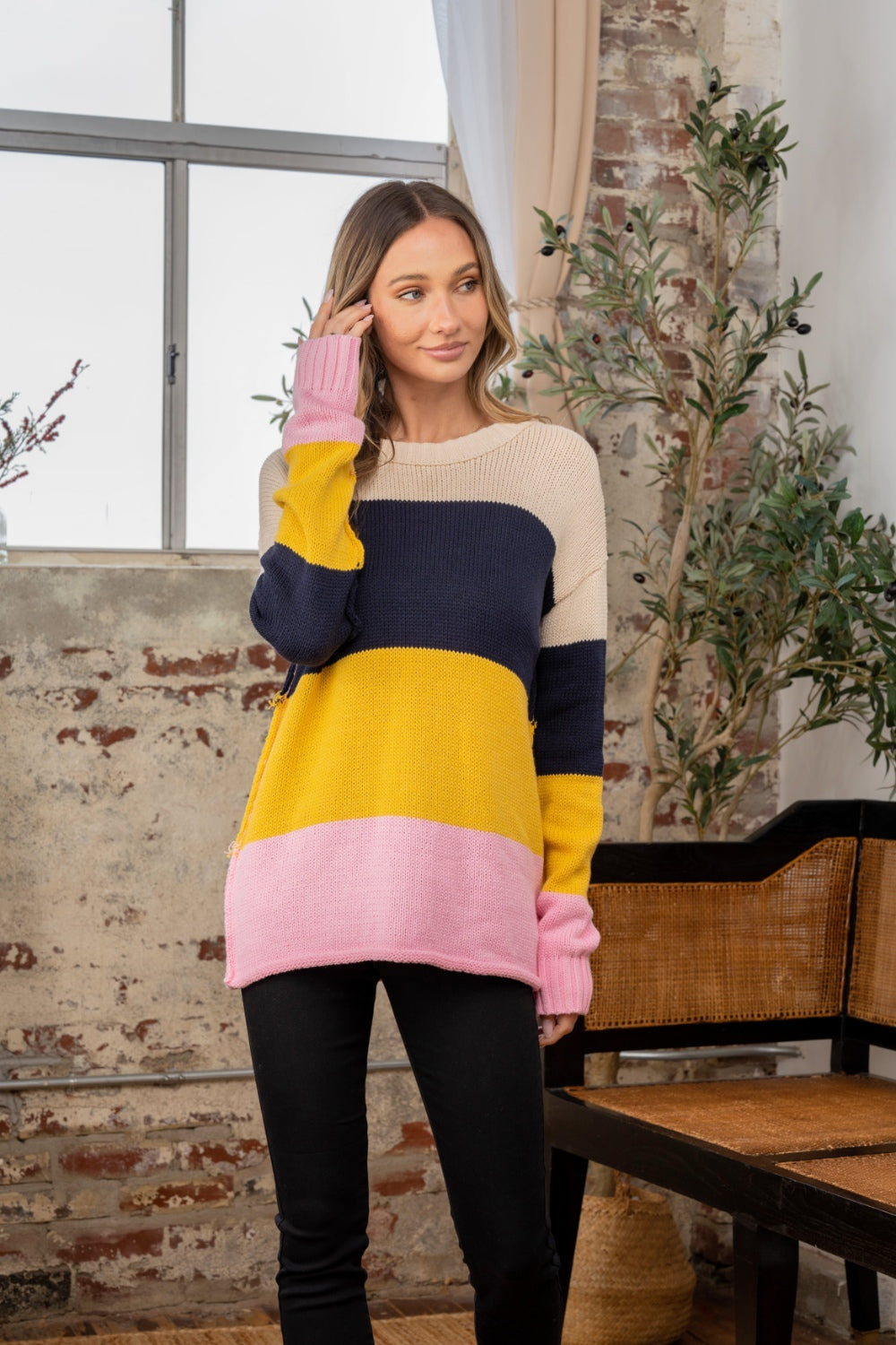 Sew in love full size color block exposed seam sweater