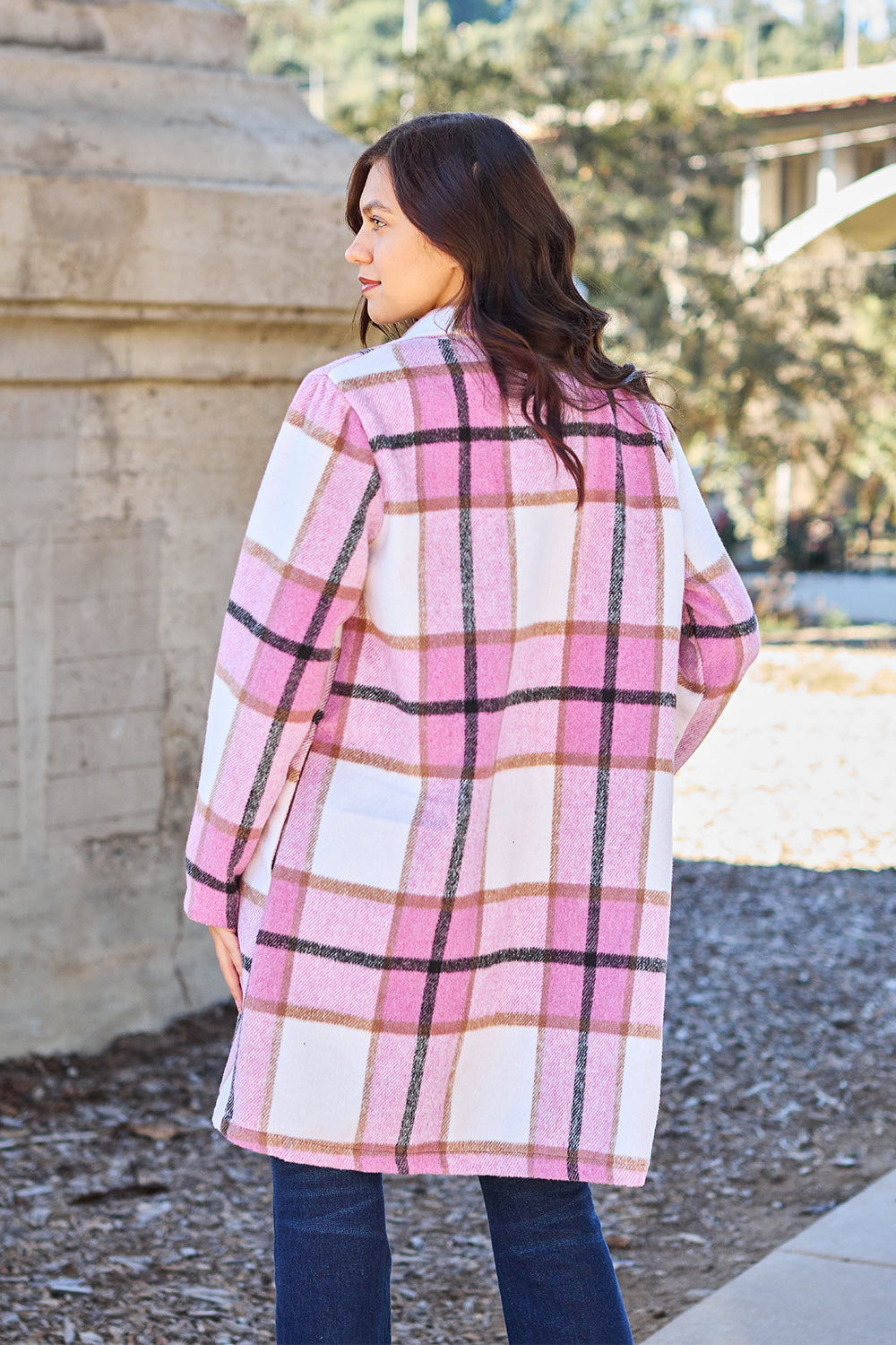 Double take full size plaid button up lapel collar coat