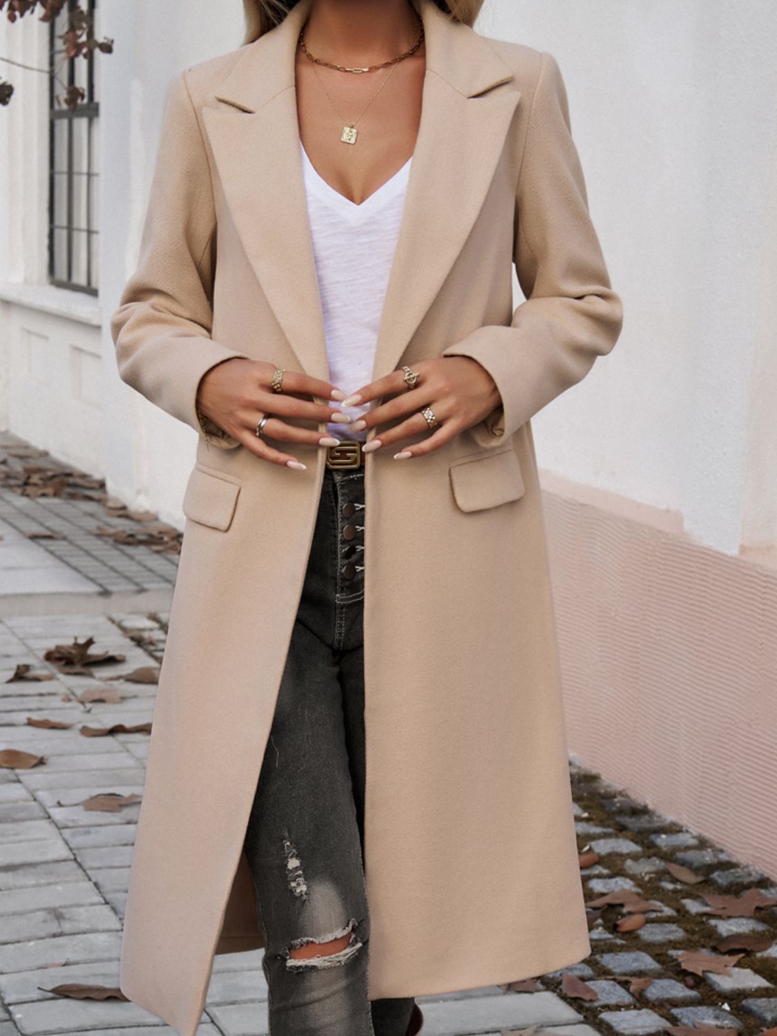 Devine pocketed collared neck long sleeve coat - tan / s