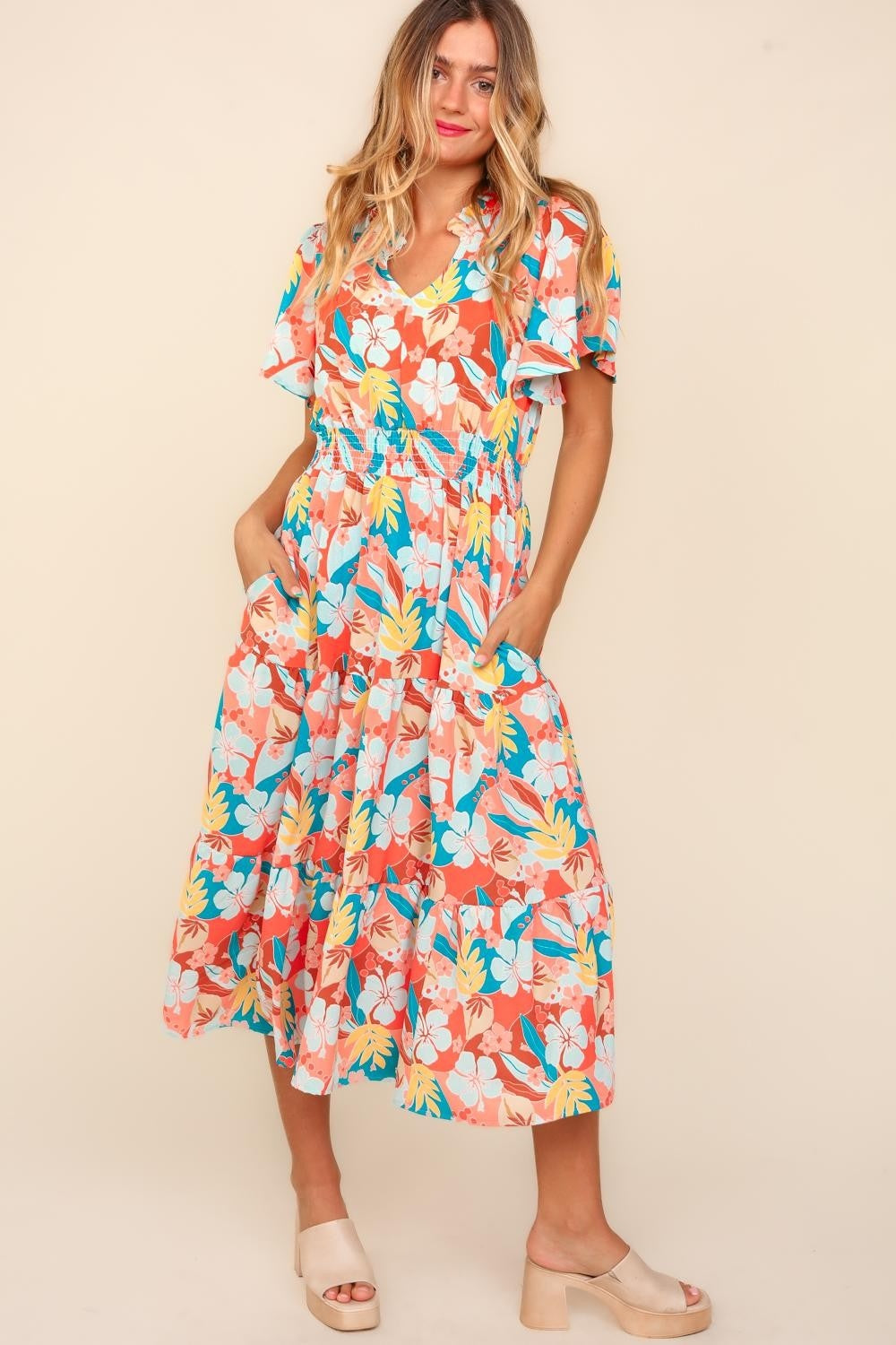 Haptics full size tropical floral tiered dress with side pockets - coral/teal/light blue / s