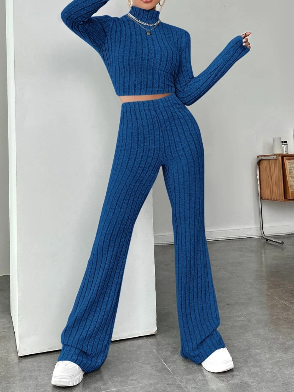 Ribbed mock neck long sleeve top and pants set