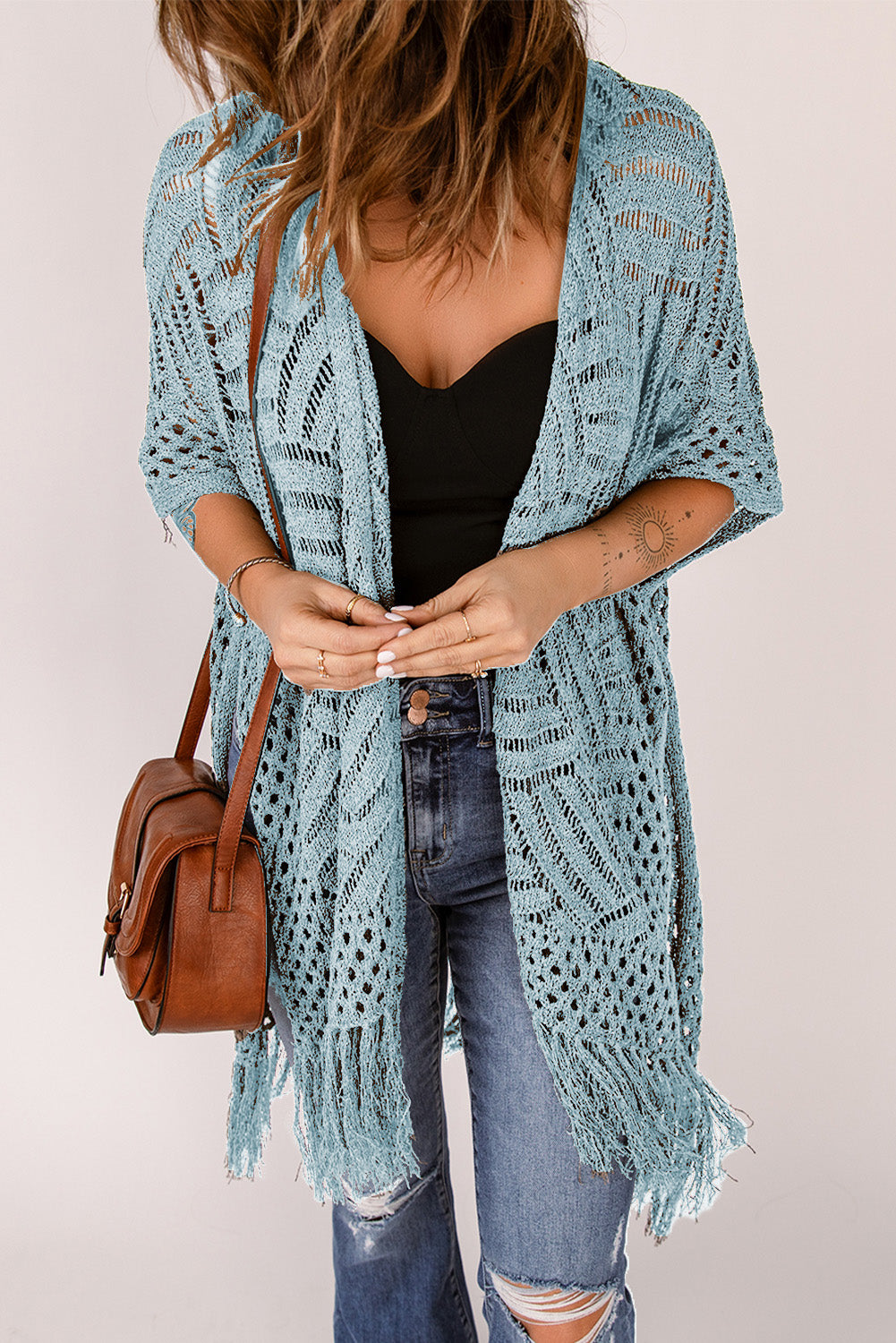 Openwork open front cardigan with fringes - light blue / one size