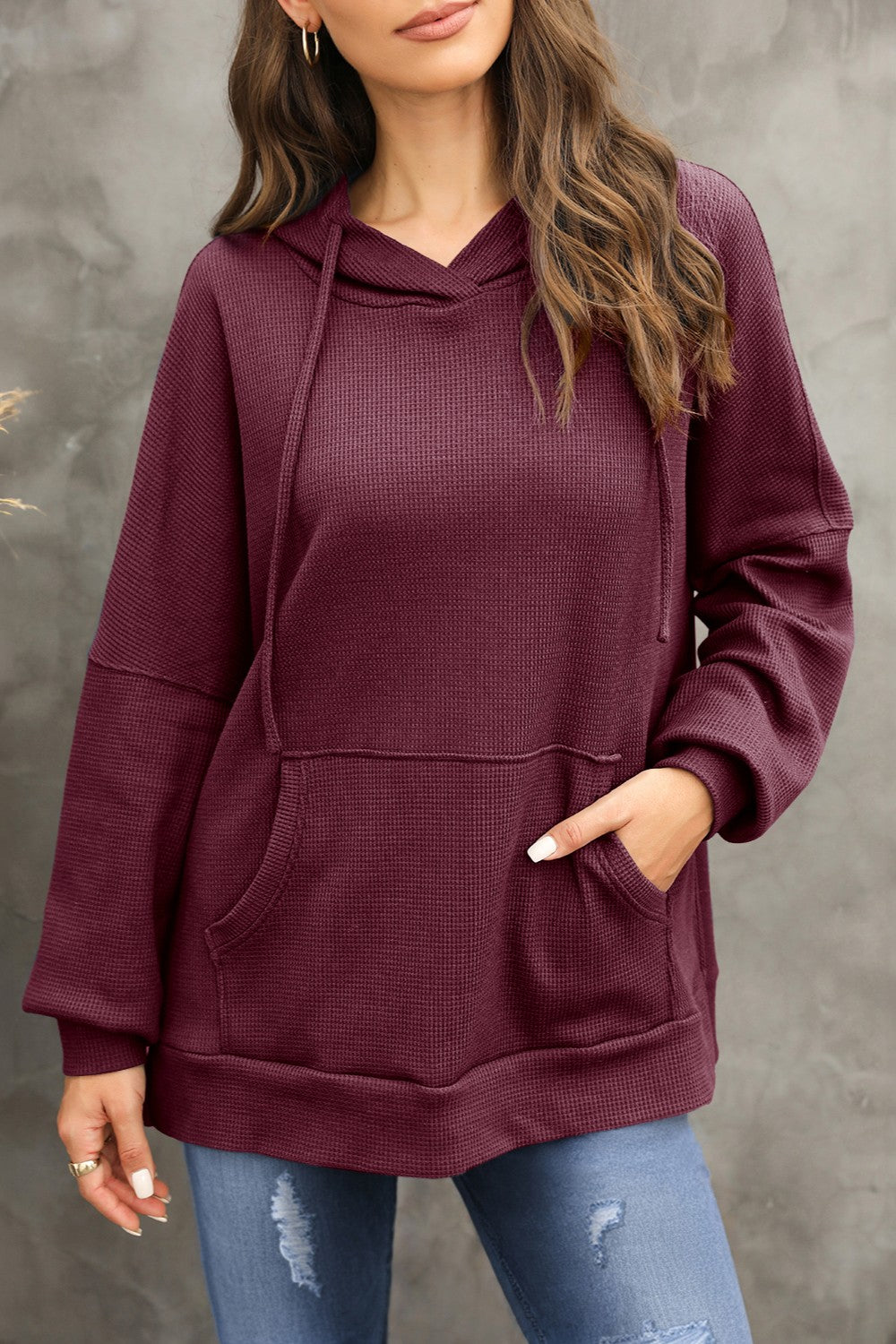 Waffle-knit long sleeve hoodie - burgundy / s