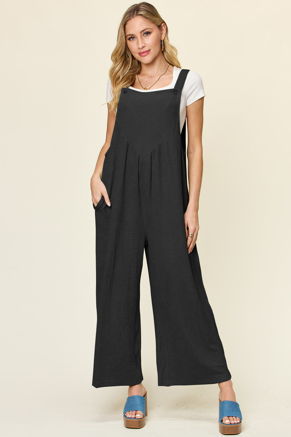 Double take full size texture sleeveless wide leg overall - black / s