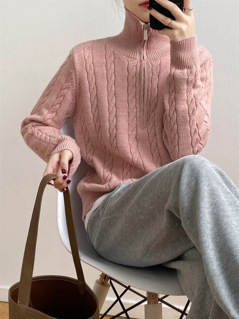 Cable-knit half zip long sleeve sweater