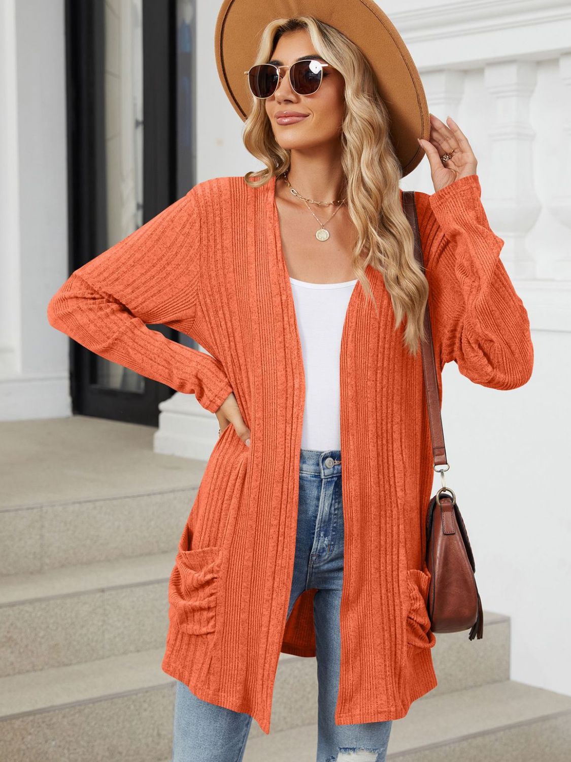 Pocketed open front long sleeve cardigan