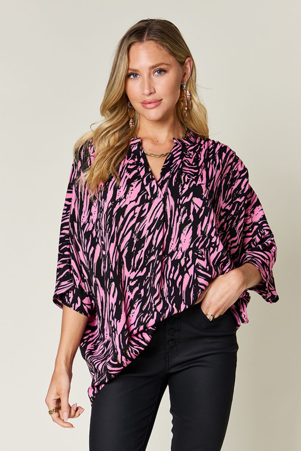 Double take full size printed notched three-quarter sleeve blouse - pink / s