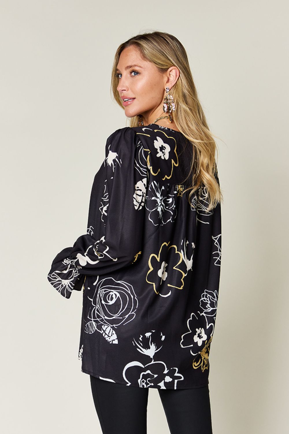 Double take full size printed flounce sleeve blouse