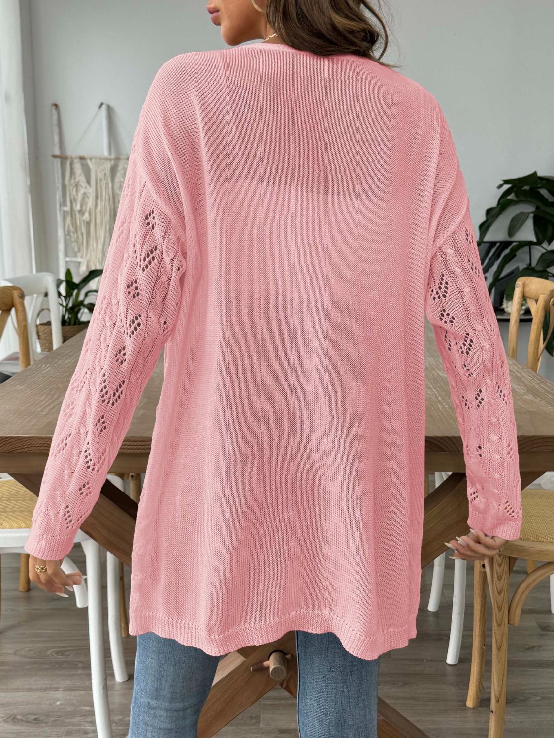 Openwork open front long sleeve cardigan