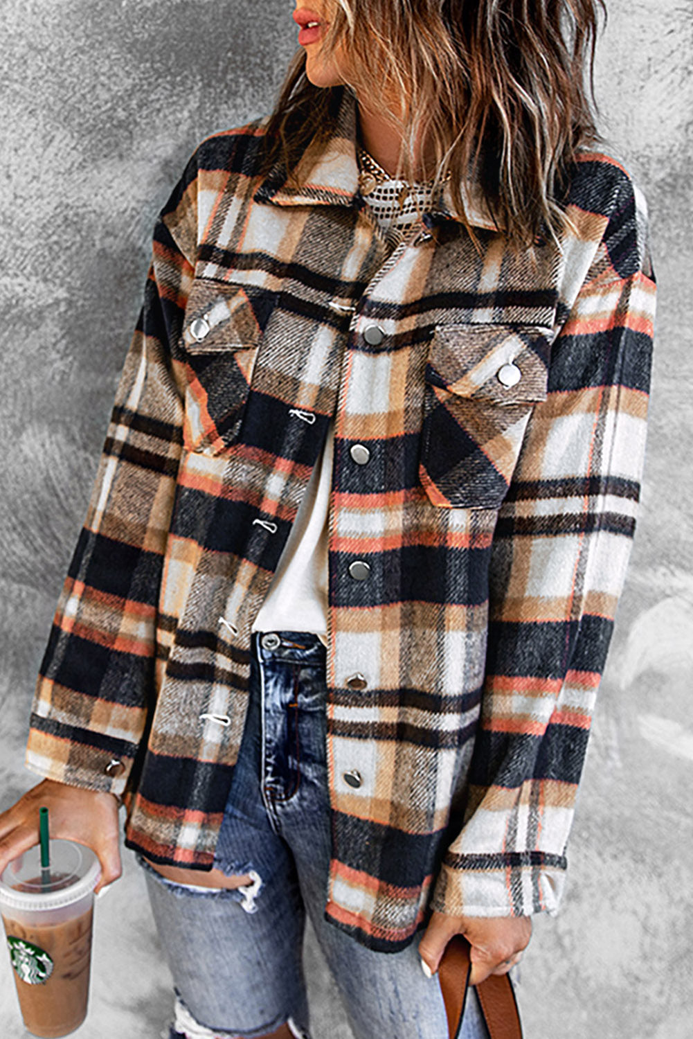 Double take plaid button front shirt jacket with breast pockets