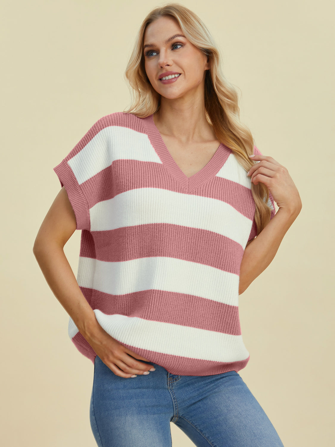 Double take full size striped v-neck short sleeve sweater - dusty pink / s