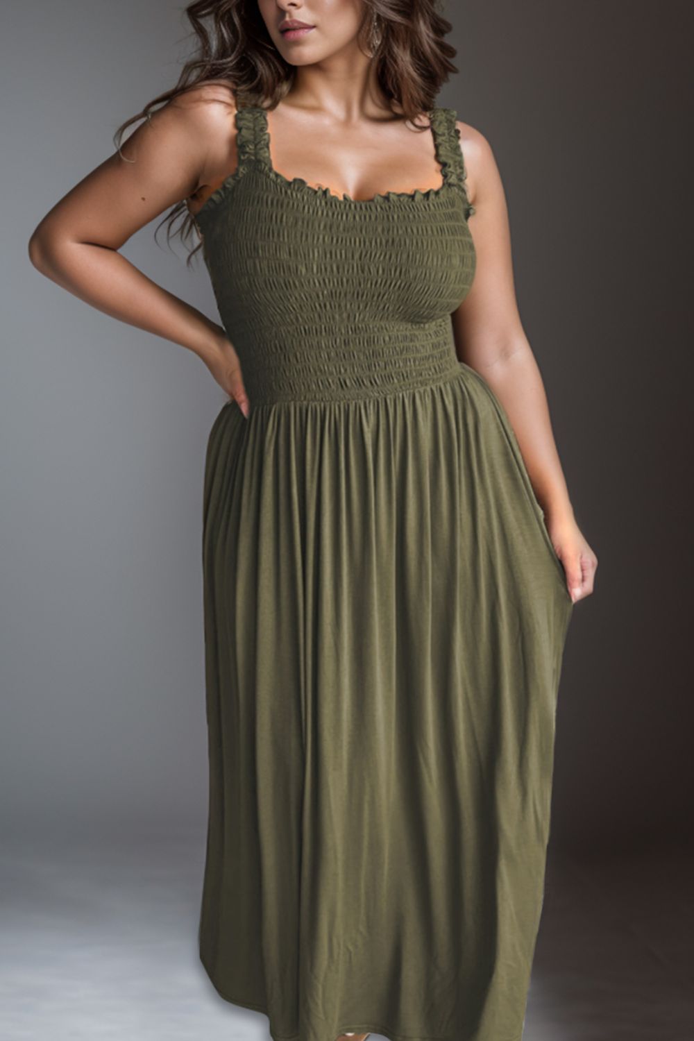 Plus size smocked square neck maxi dress - army green / 1xl