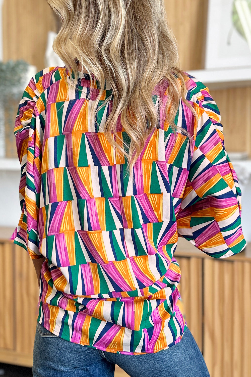 Double take full size geometric notched dolman sleeve top