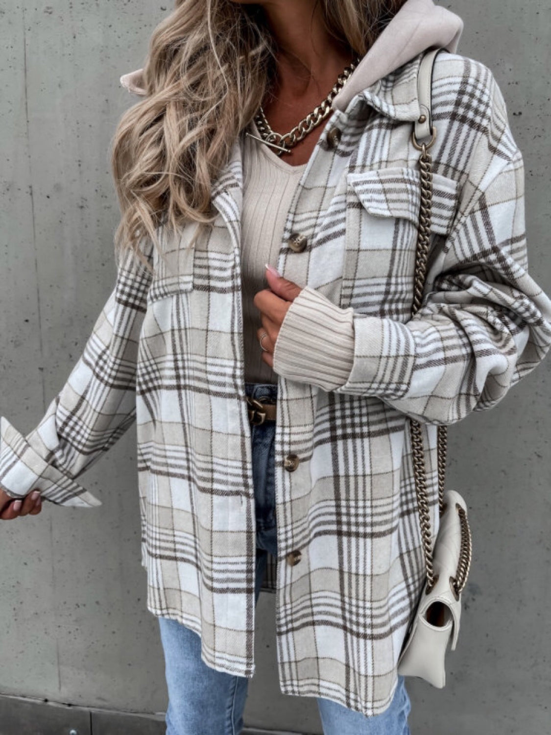 Plaid dropped shoulder hooded jacket - white / s