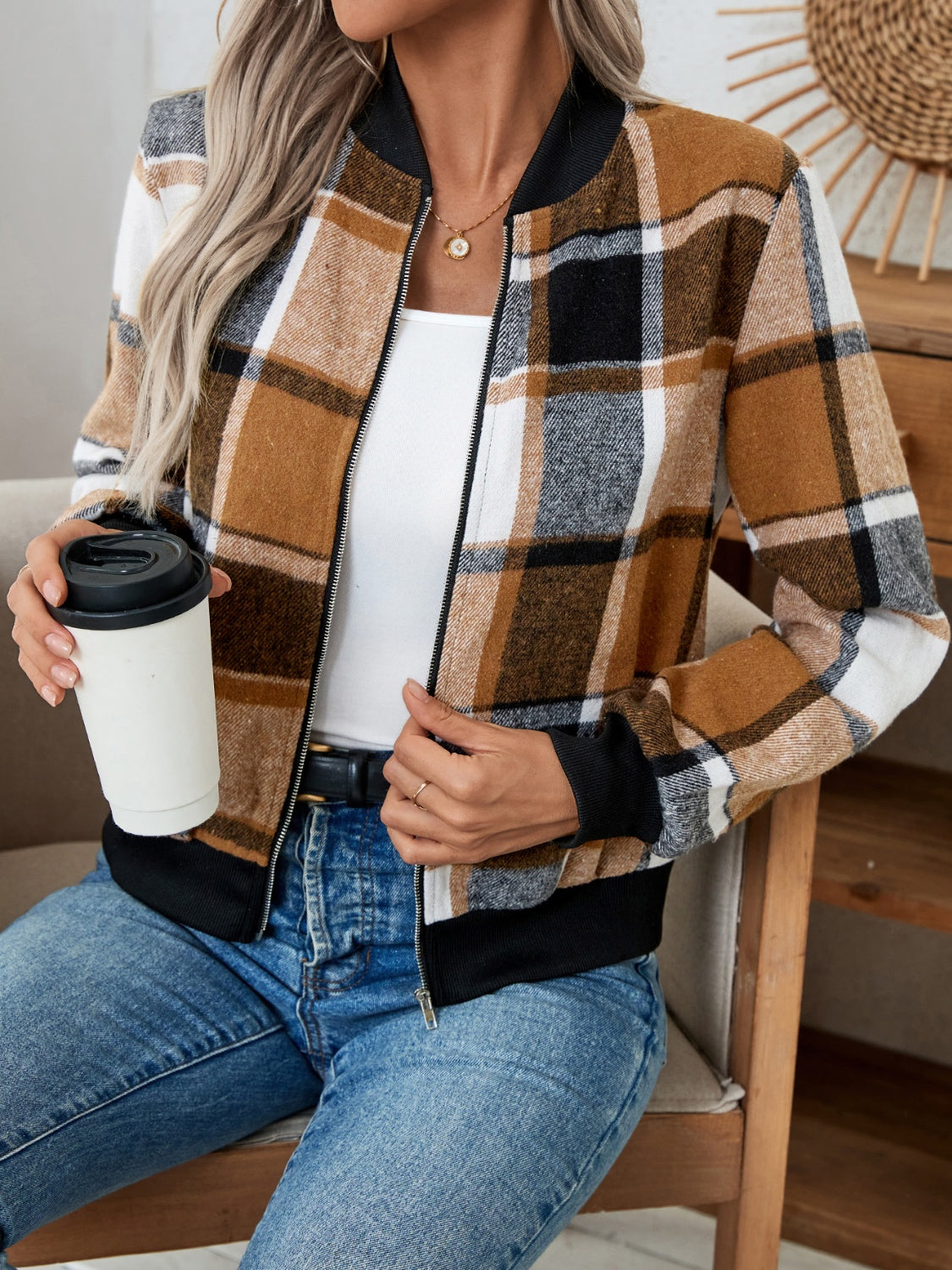 Plaid zip up long sleeve jacket - caramel / s