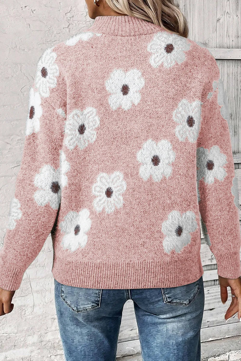 Flower half zip long sleeve sweater