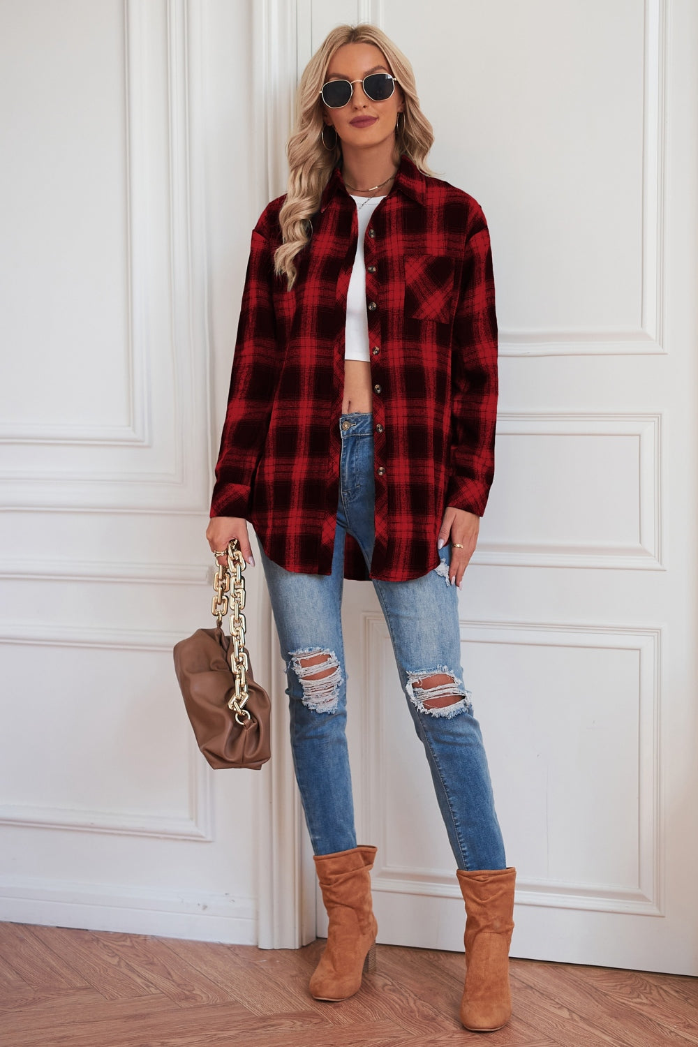 Plaid button up dropped shoulder outerwear