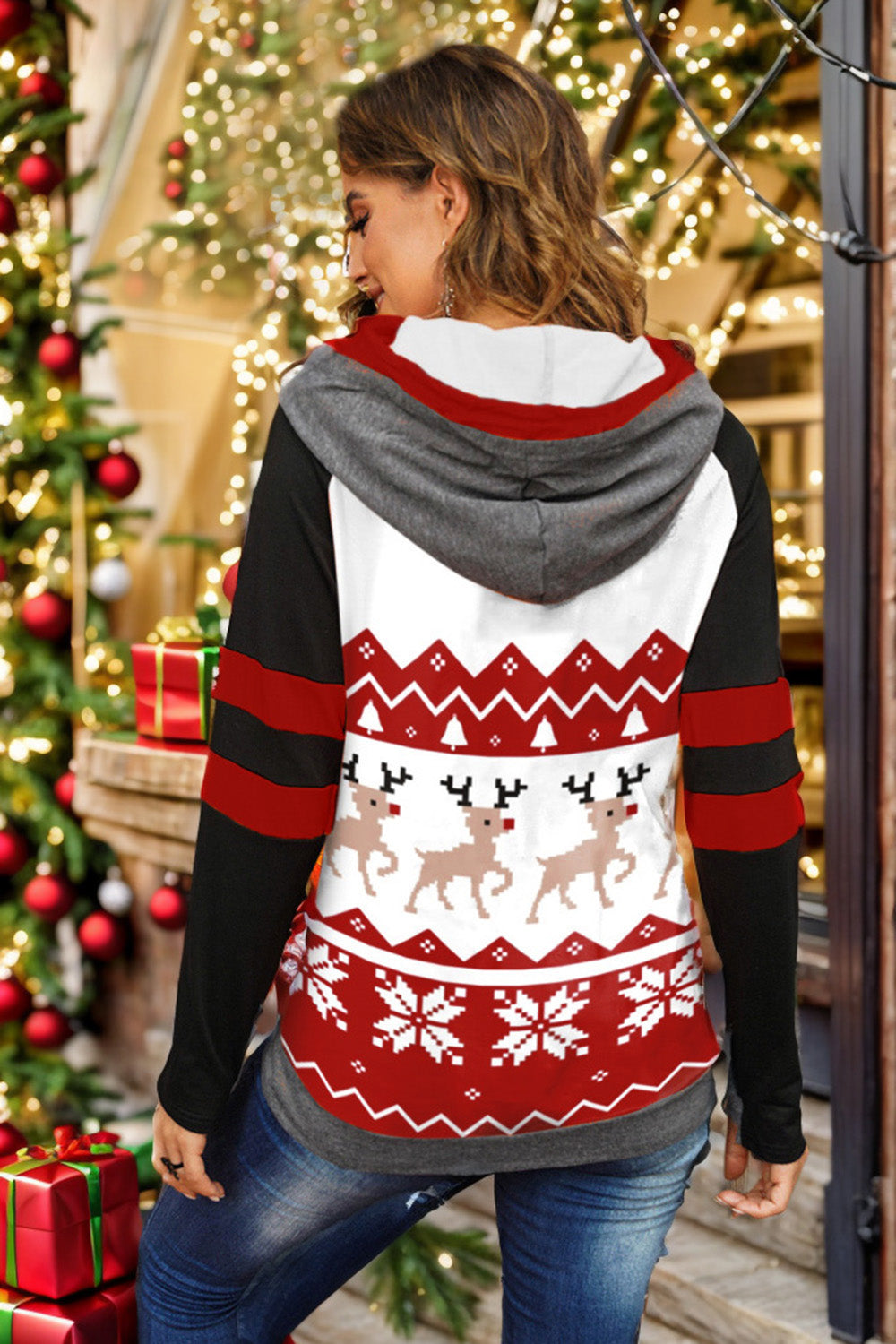 Double take full size christmas drawstring long sleeve hoodie