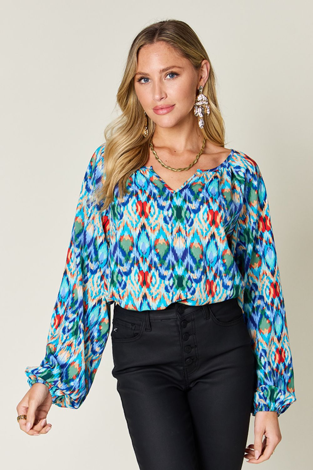 Double take full size printed balloon sleeve blouse