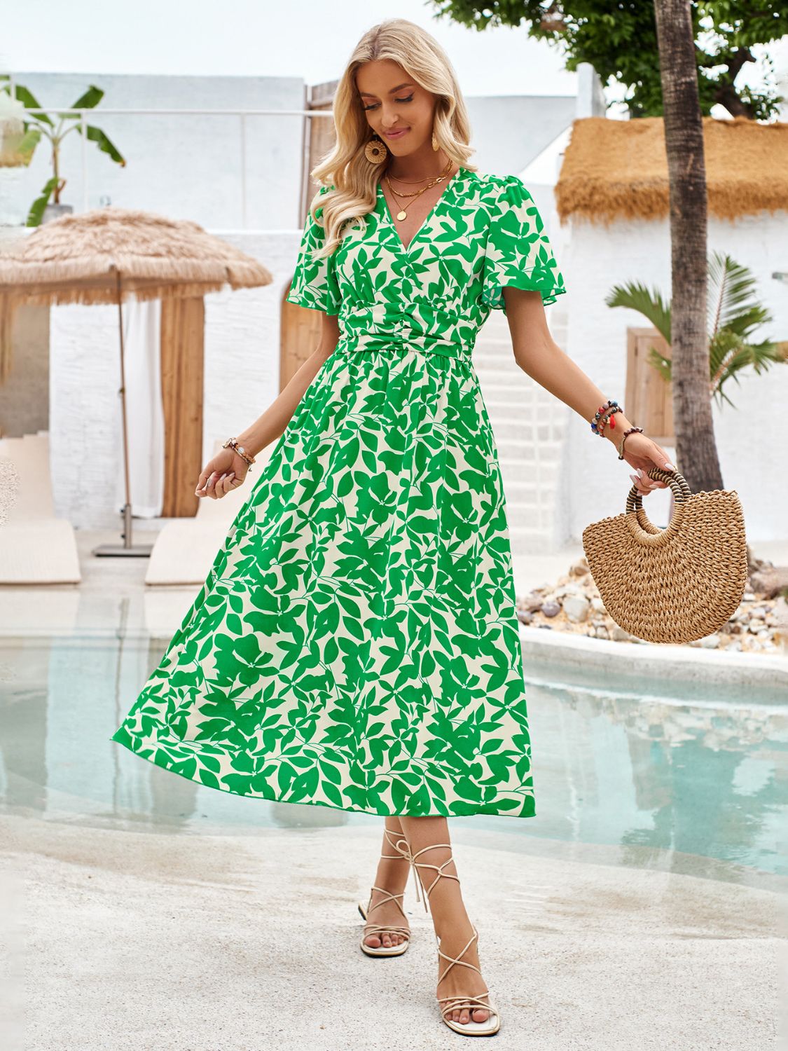 Printed surplice short sleeve midi dress - green / s