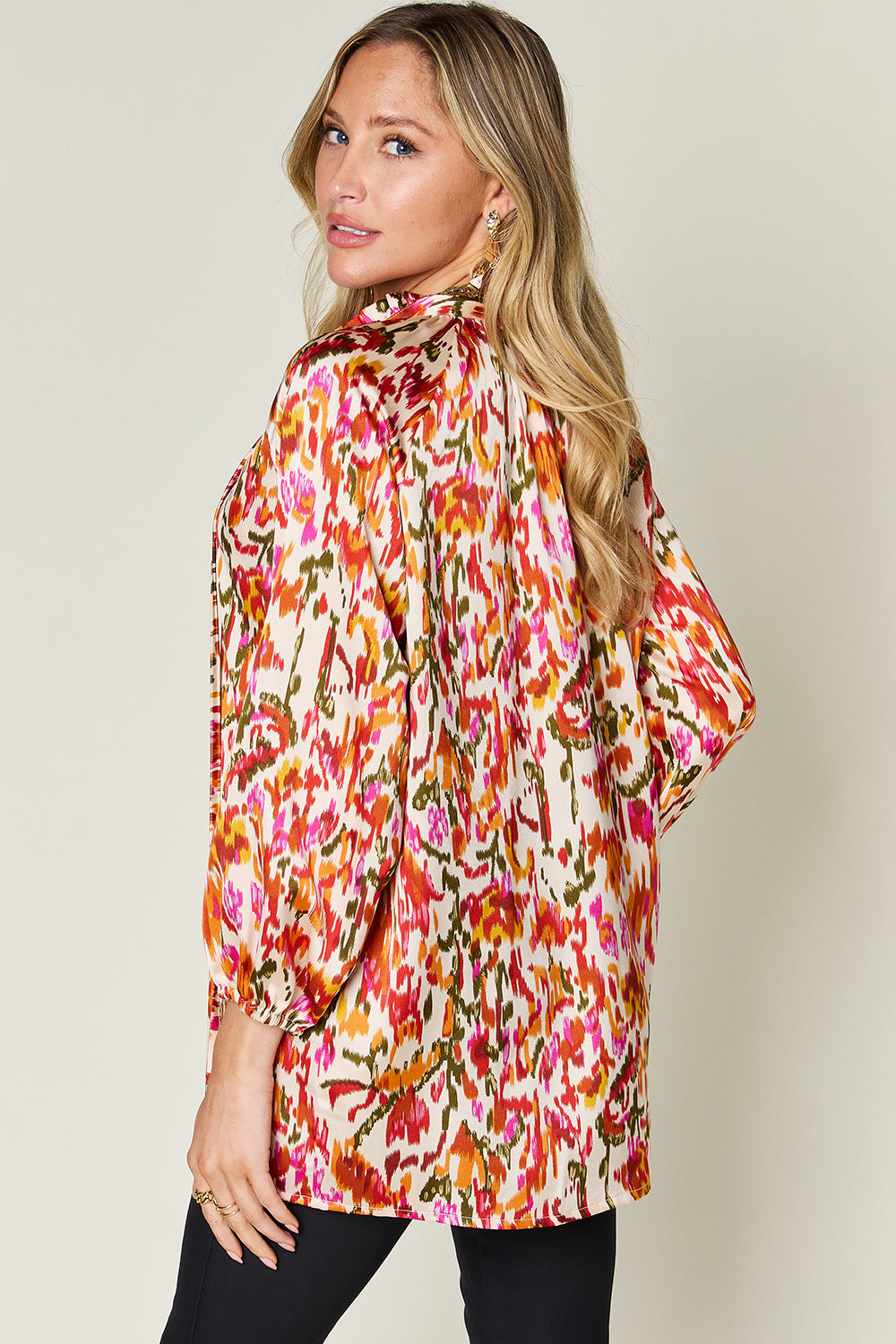 Double take full size printed button up long sleeve shirt