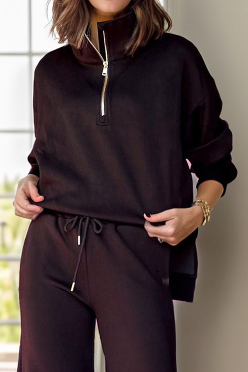 Half zip turtleneck long sleeve top and pants set