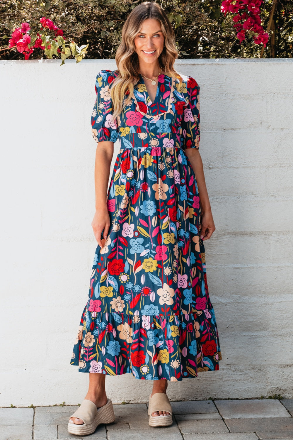 Printed notched puff sleeve midi dress