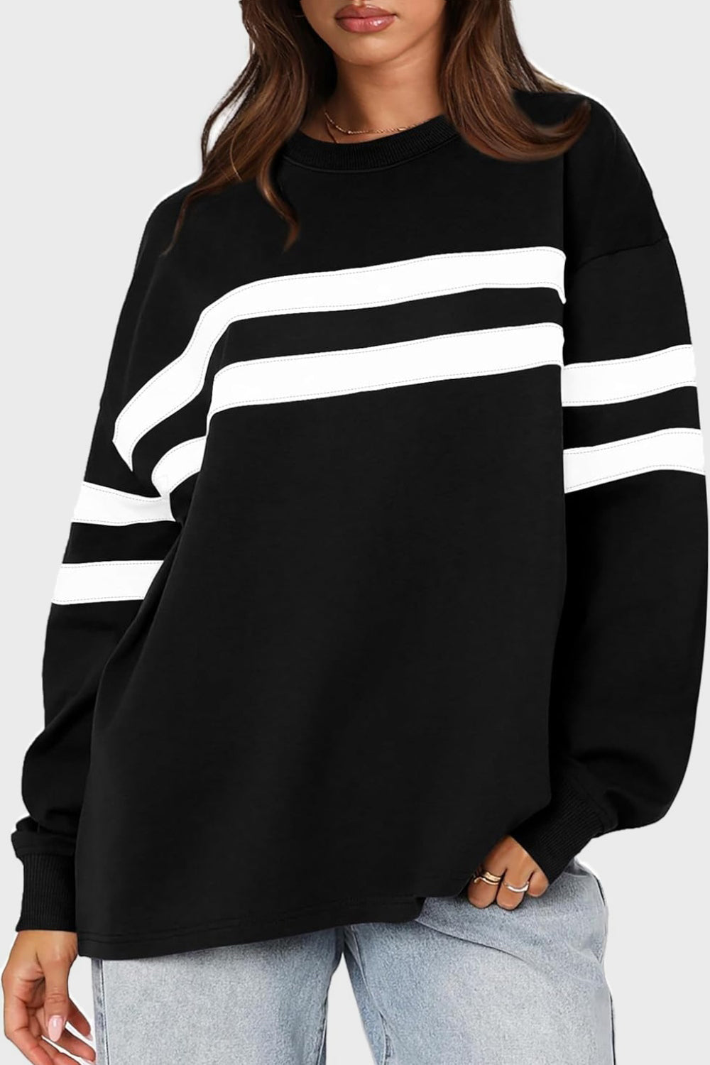 Lovelet striped round neck dropped shoulder sweatshirt - black / s