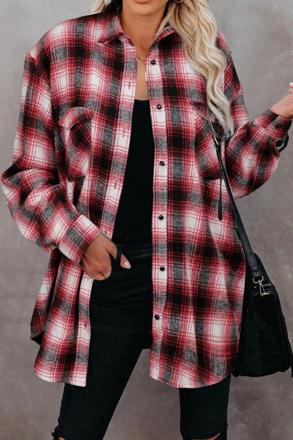 Full size plaid collared neck long sleeve shirt - deep red / s