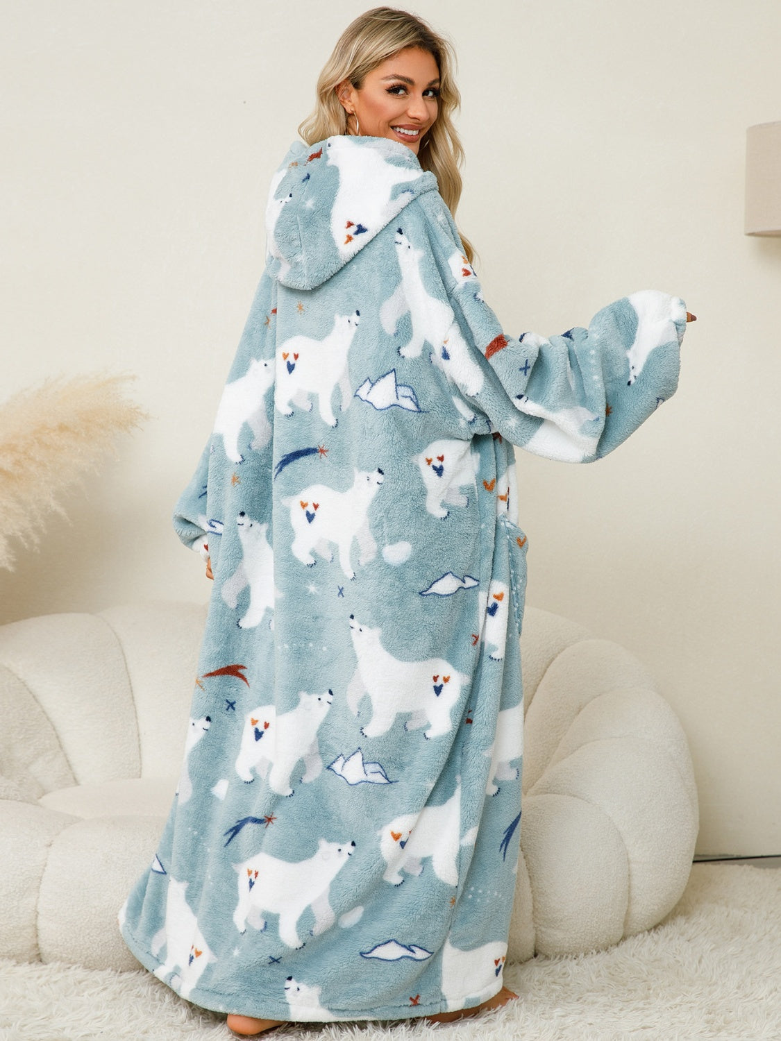 Fuzzy pocketed long sleeve hooded lounge dress