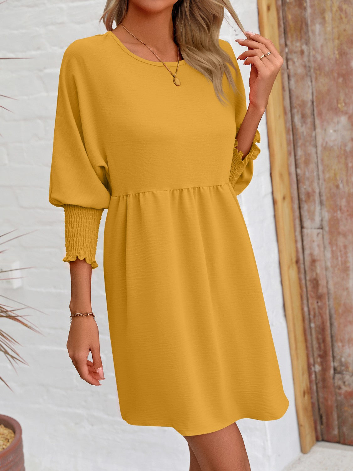 Round neck lantern sleeve mini dress