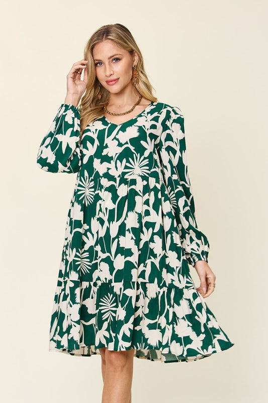 Double take full size printed ruffle hem dress with pocket - dark green / s