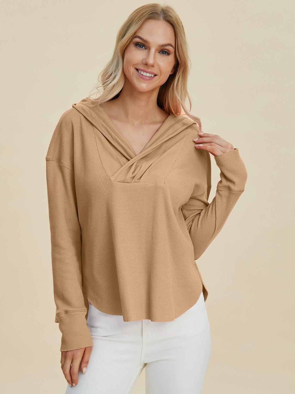 Double take full size high-low dropped shoulder long sleeve hoodie - camel / s