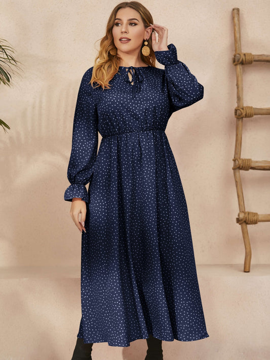 Plus size ruffled polka dot long sleeve midi dress - navy / 0xl