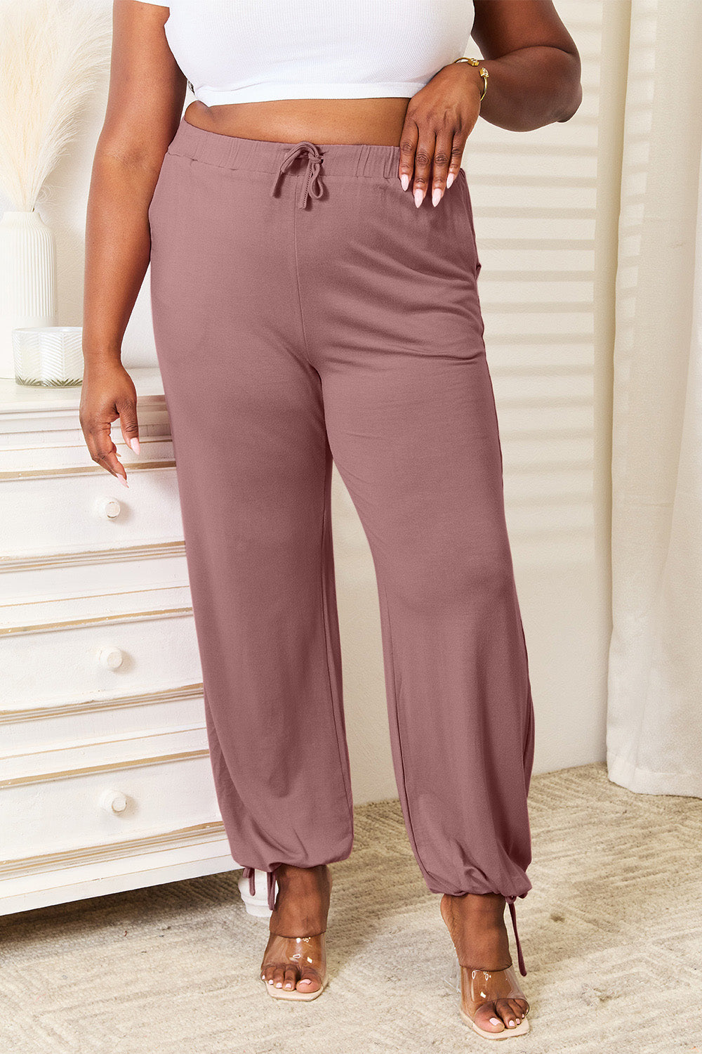 Basic bae full size soft rayon drawstring waist pants with pockets - dusty pink / s