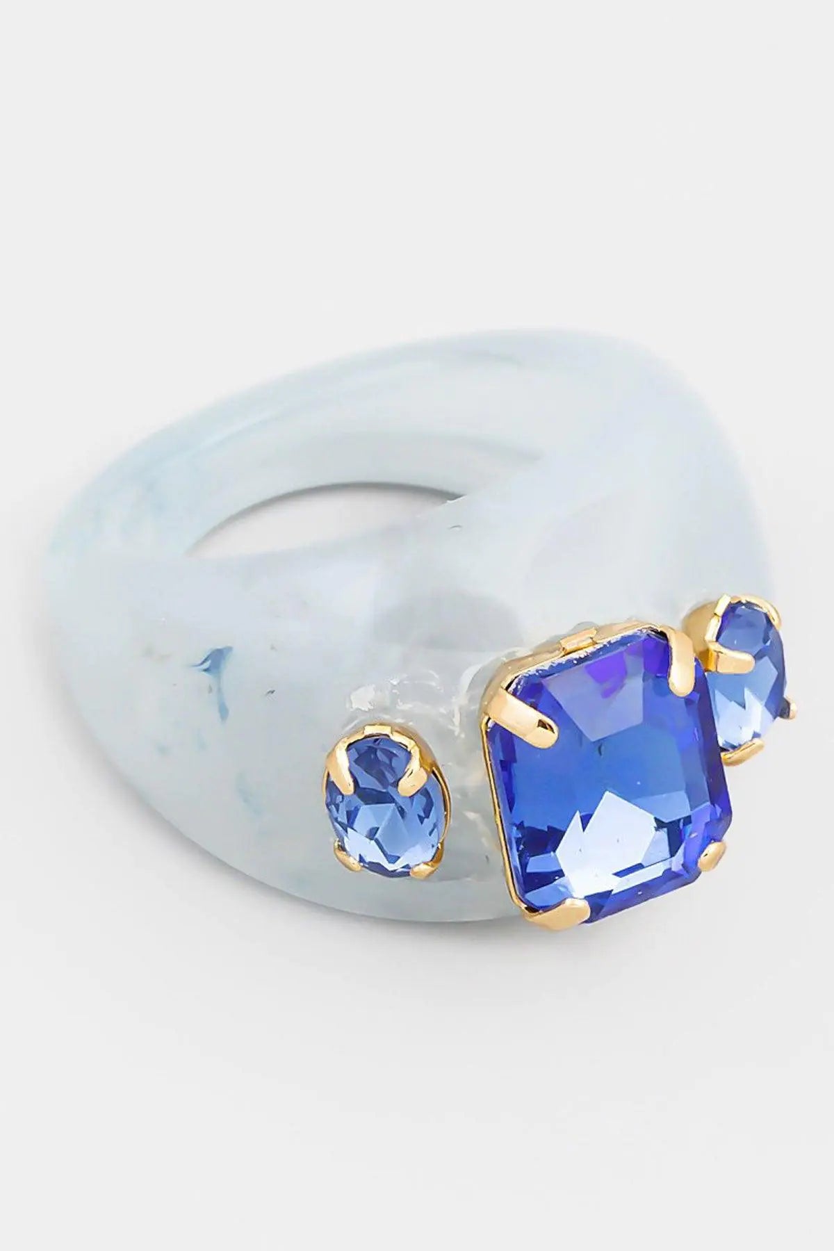 Oval acrylic mixed shape rhinestone ring - blue