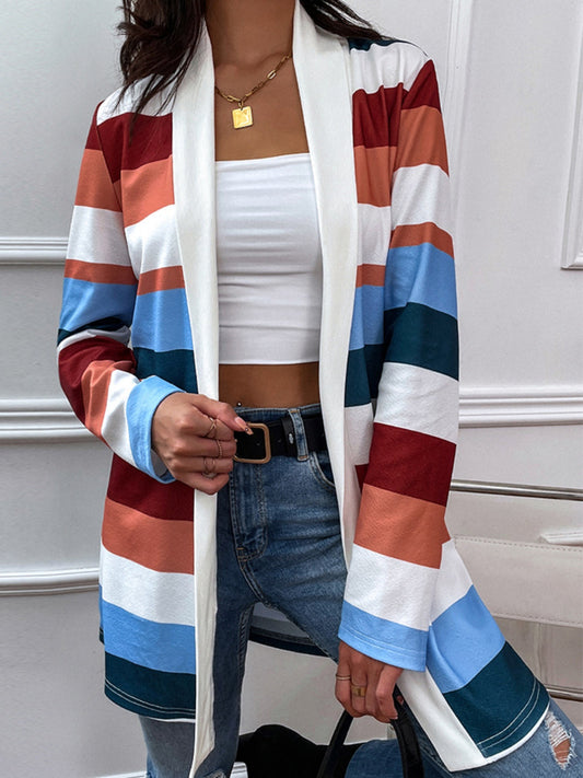 Shiny color block open front cardigan - orange-red / s