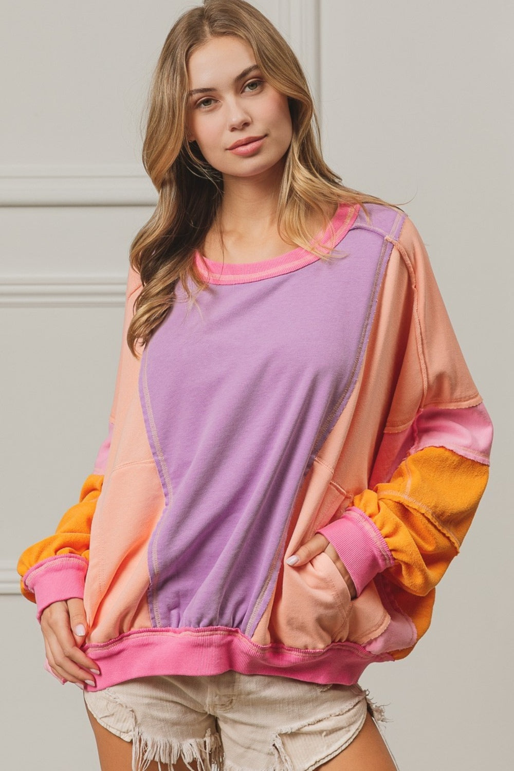 Bibi color block exposed seam sweatshirt with pockets - lavender/peach/fuchsia / s