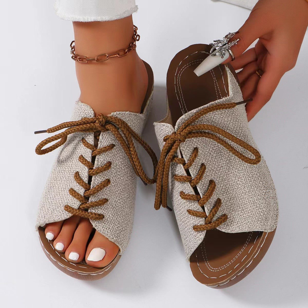 Lace-up open toe wedge sandals