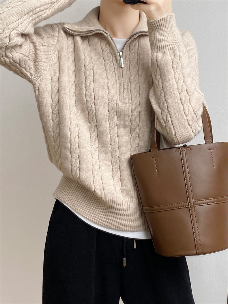 Cable-knit half zip long sleeve sweater