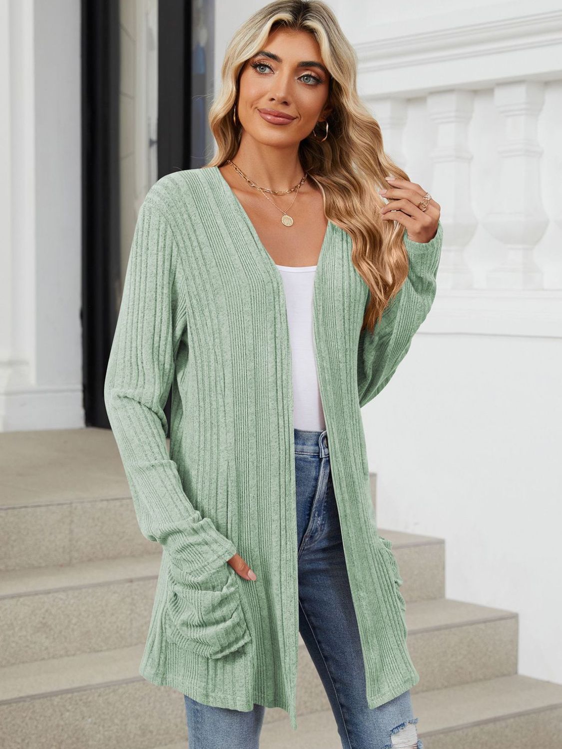 Pocketed open front long sleeve cardigan