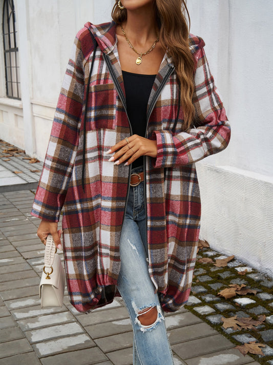 Devine plaid zip up hooded coat - scarlet / s