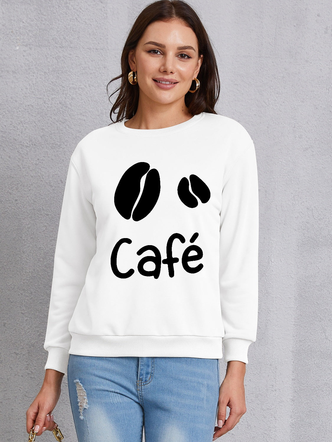 Cafe round neck dropped shoulder sweatshirt - white / s