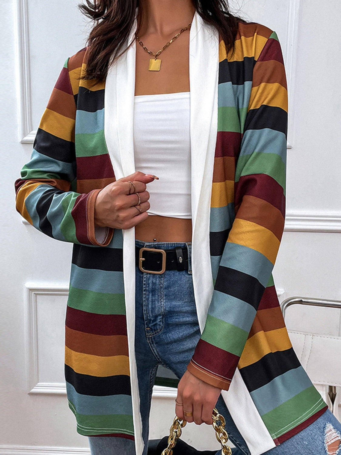 Shiny color block open front cardigan