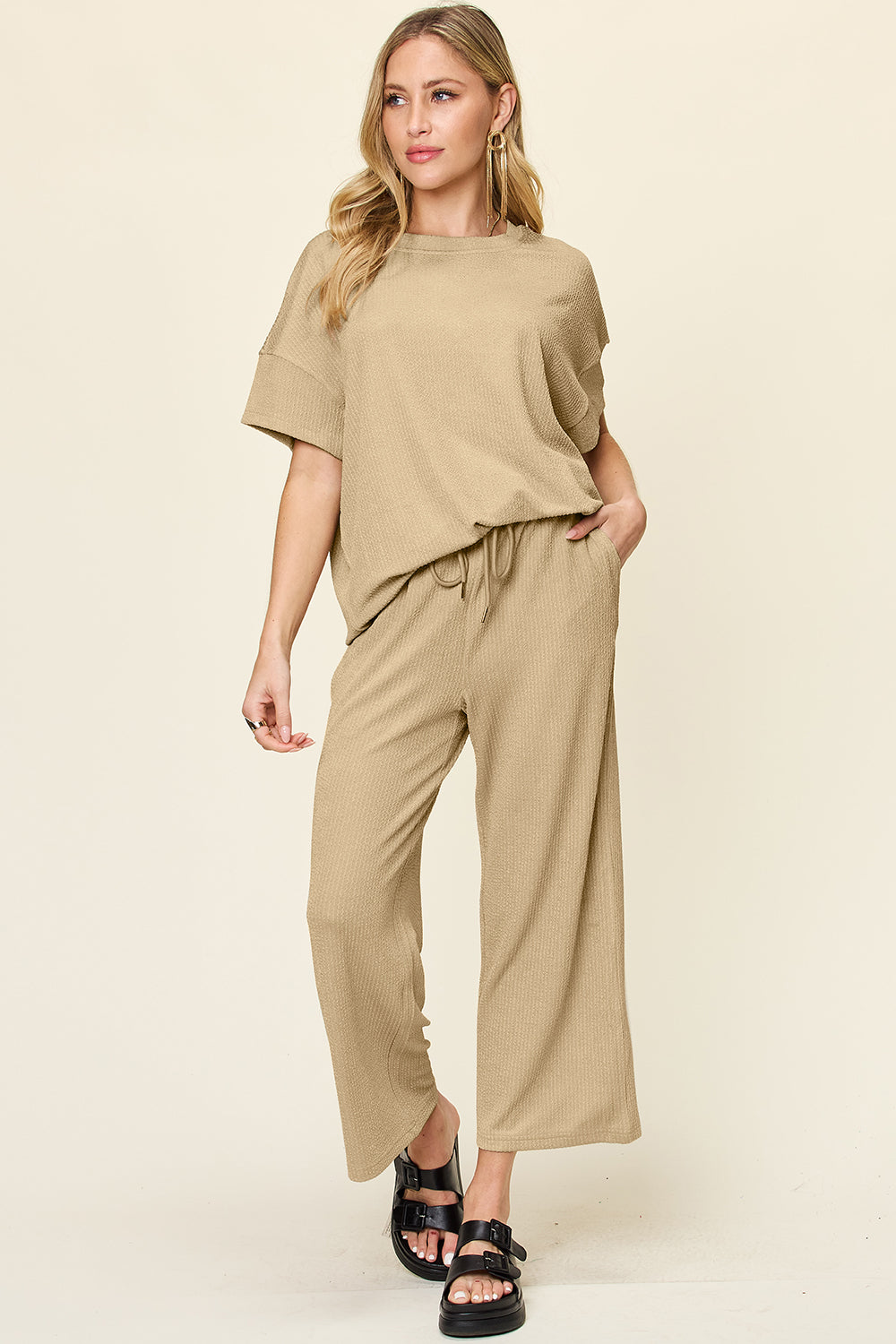 Double take full size texture round neck short sleeve t-shirt and wide leg pants - khaki / s